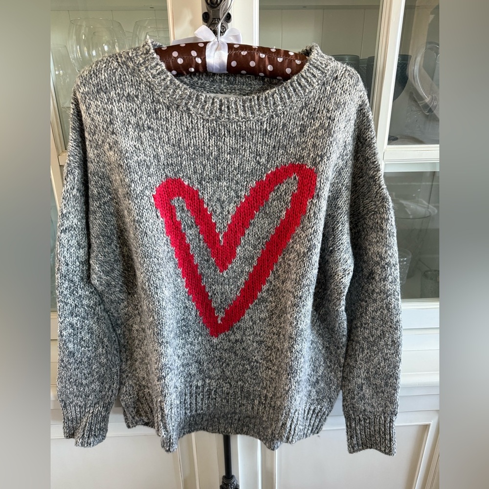 LOFT Charcoal and Cream Sweater with Red Heart